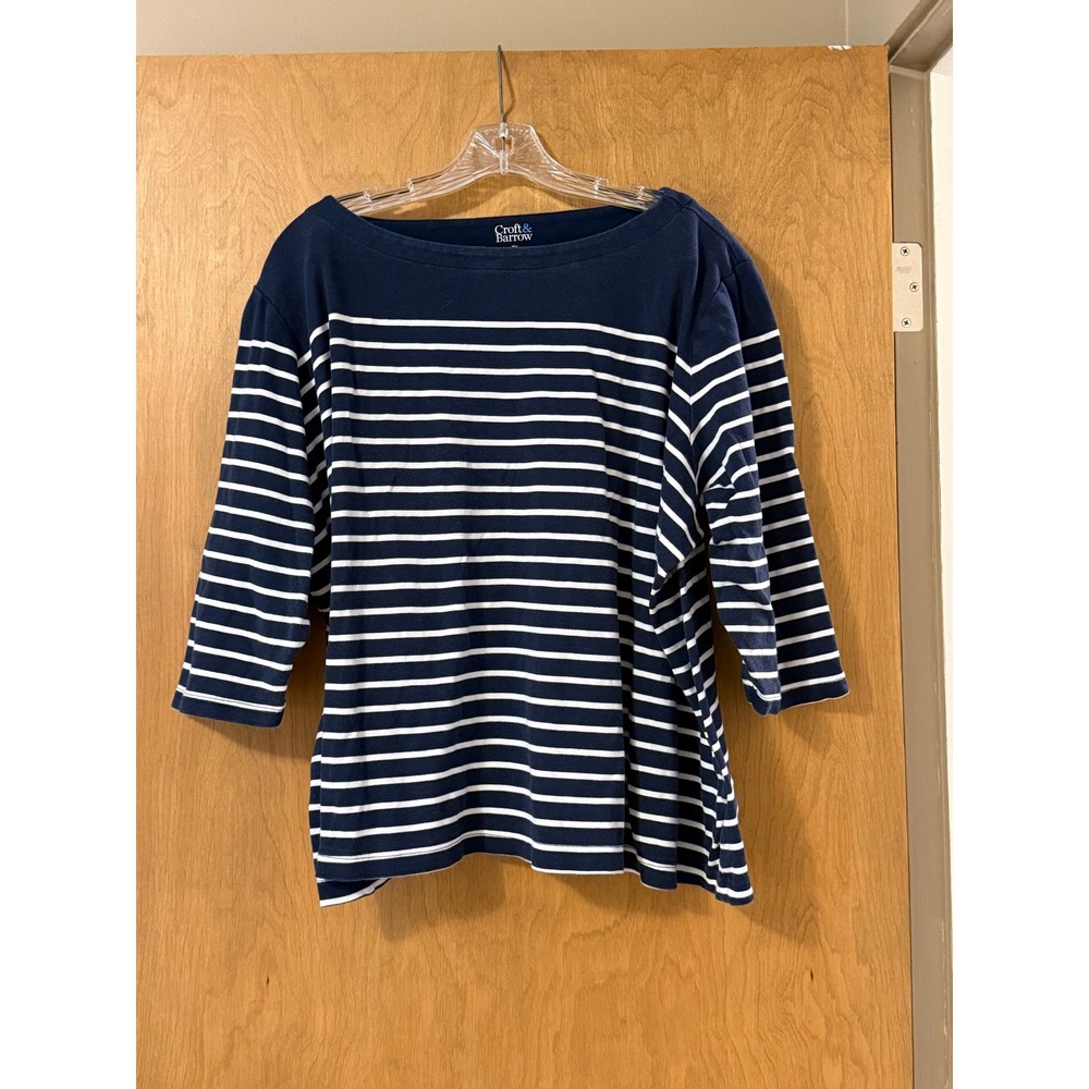 Croft & Barrow Womens 3X Navy Blue White Striped Boat Neck 3/4 Sleeve Cotton Top - Picture 1 of 6